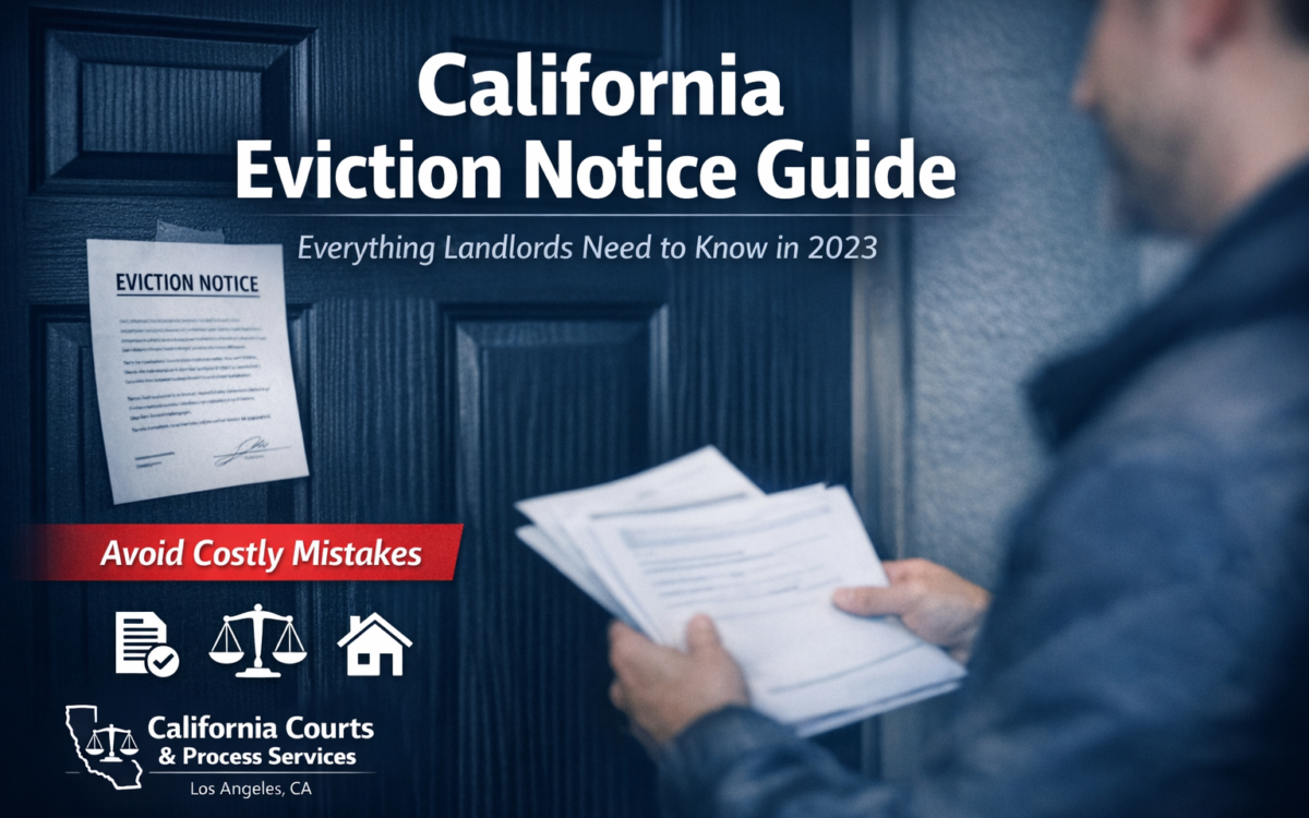 California eviction notice posted on apartment door with process server holding legal documents, representing landlord eviction process in Los Angeles